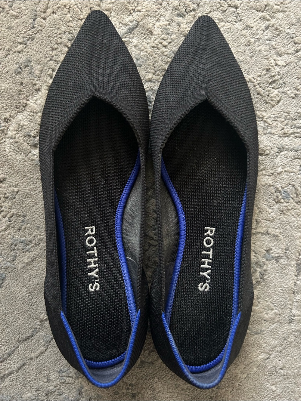 Rothy's Black Knit Pointed Flats with removable and washable insoles.